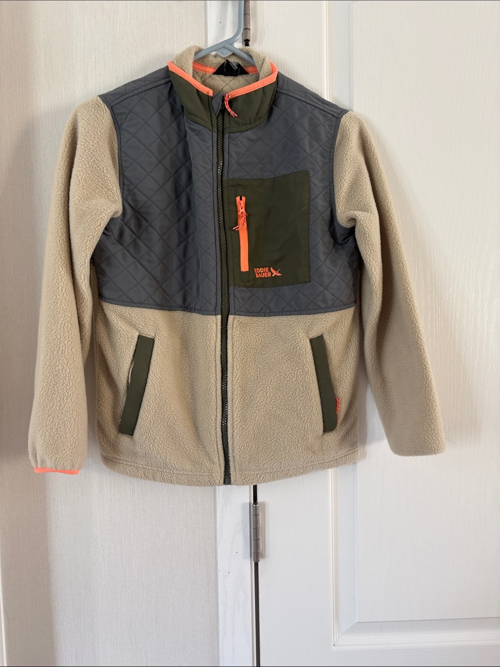 Eddie Bauer Beige Fleece Jacket with Gray Chest Panel and Olive Pockets